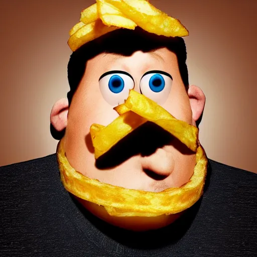 Image similar to photo of [ a single french fry chip ] shaped into stephen fry as a pixar character hybrid intercross mix cinematic lighting