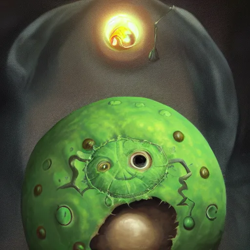 Prompt: a giant one - eyed bumpy wrinkly ball sphere green pea, with boney arms and a single sauron eye, lovecraft, trending on artstation, 4 k, video game art, oil painting