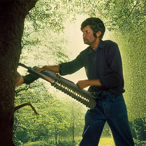 Prompt: closeup portrait of a man with a leafblower fighting a tree, by Steve McCurry and David Lazar, natural light, detailed face, CANON Eos C300, ƒ1.8, 35mm, 8K, medium-format print