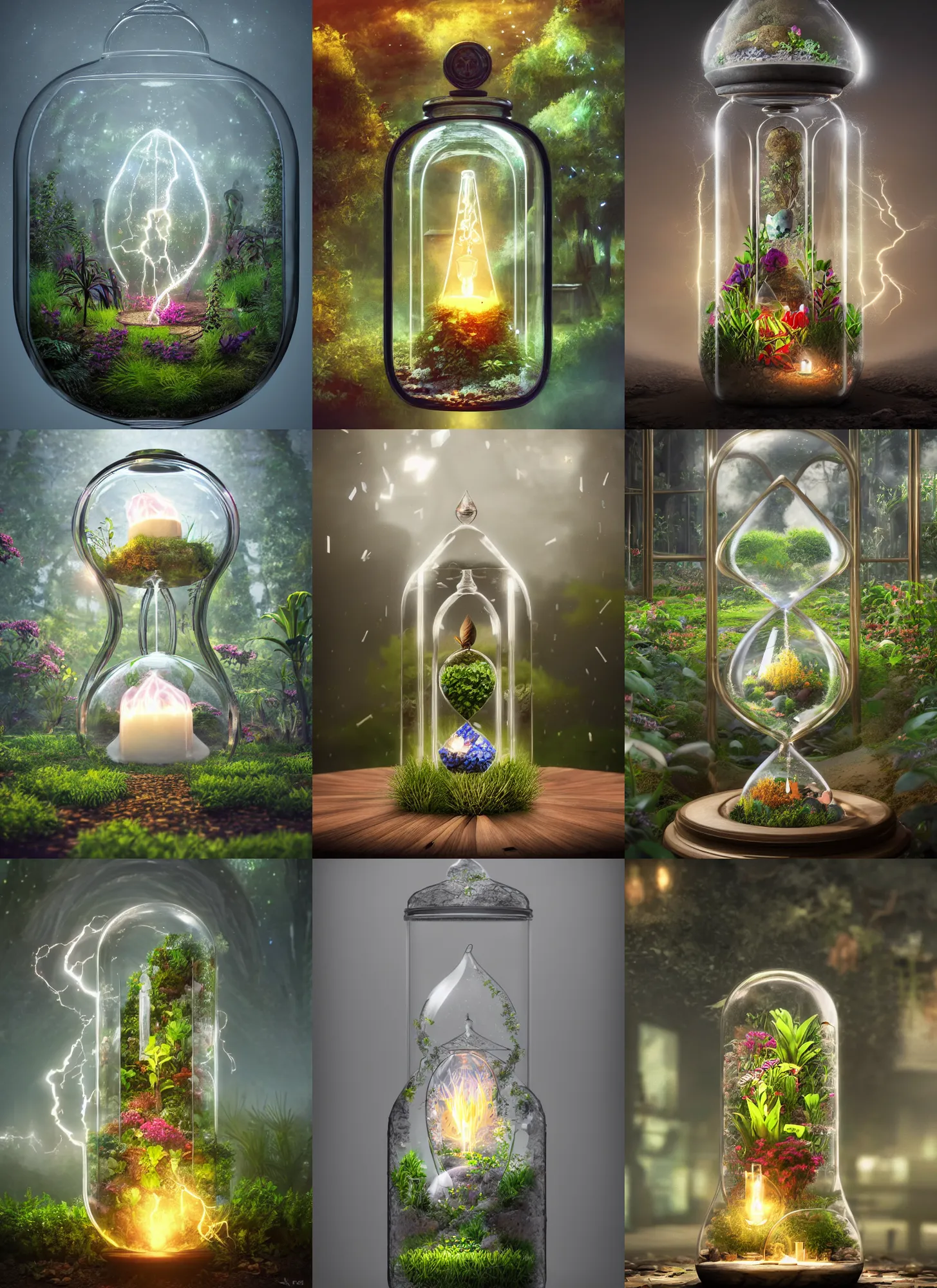 Prompt: botanical garden inside a glass jar, hourglass, lightning, intricate detail, volumetric lighting, epic composition, hyper detailed, ultra realistic, sharp focus, octane render, candle, volumetric, ray tracing, artstation trending, cgsociety, sense of awe, swirling mist, 4 k