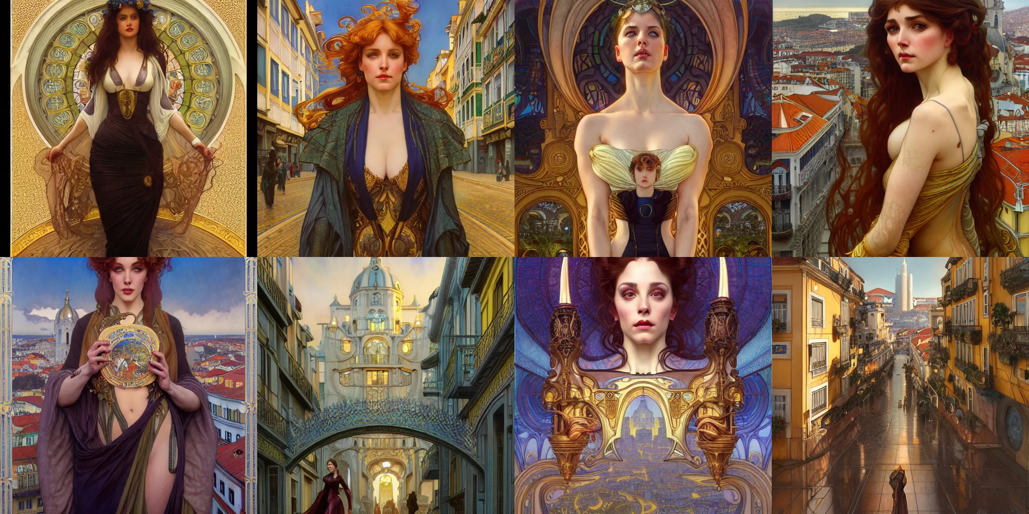 Prompt: The City of Lisbon drawn by Donato Giancola and Tom Bagshaw, streets by Artgerm, overall design by Alphonse Mucha, background by James Jean and Gustav Klimt, light by Julie Bell, 4k, accurate roads, komorebi, french nouveau, trending on artstation, octane render, hyperrealistic, intricate, elegant