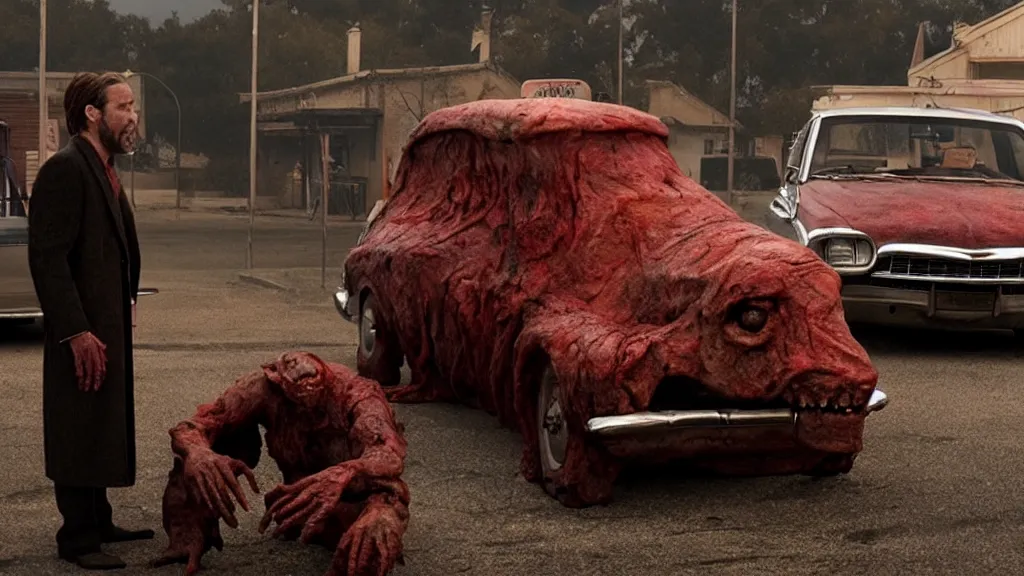 Image similar to the creature sells a used car, made of wax and blood, film still from the movie directed by Denis Villeneuve with art direction by Salvador Dalí, wide lens