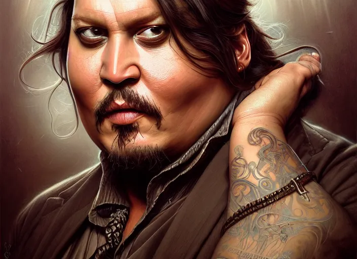 Image similar to wideangle!! portrait shot of fat johnny depp, intricate, elegant, highly detailed, centered, digital painting, artstation, concept art, smooth, sharp focus, illustration, artgerm, tomasz alen kopera, peter mohrbacher, donato giancola, joseph christian leyendecker, wlop, boris vallejo