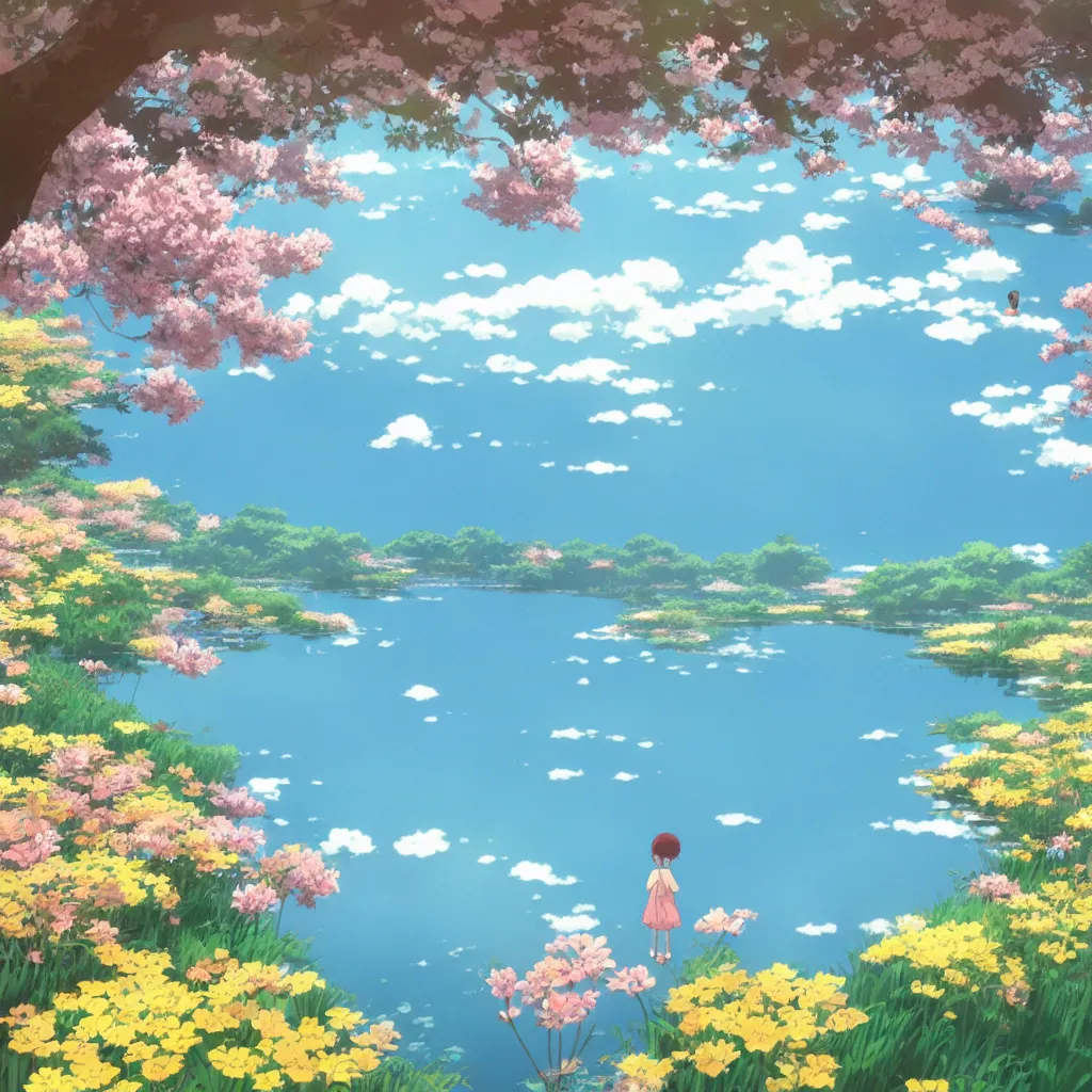 Image similar to a beautiful lake with blooming flowers, sunshine, warm colors, relaxing, calm, cozy, peaceful, by mamoru hosoda, hayao miyazaki, makoto shinkai