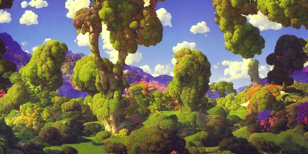 Image similar to a landscape of the Garden of Eden by Maxfield Parrish in a vaporwave style, digital art 8k