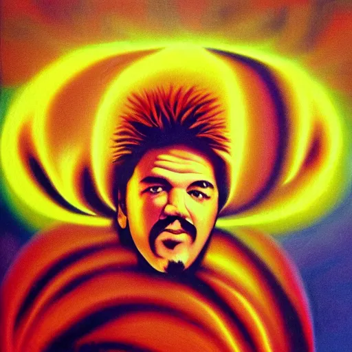 Image similar to 8 0 s new age album cover depicting a mushroom cloud in the shape of guy fieri, very peaceful mood, oil on canvas by georgia o'keefe