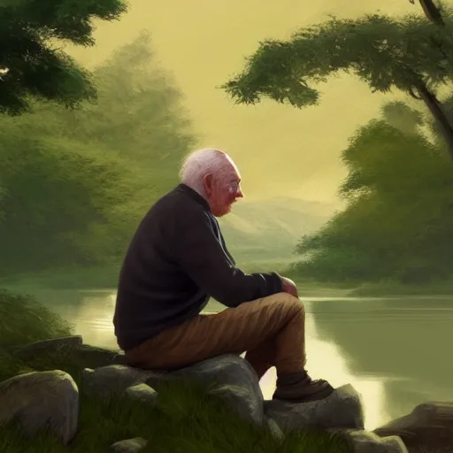 Image similar to portrait of an old irish man sitting on a stone in a grove in ireland next to a lake, highly detailed, digital painting, concept art, sharp focus, by makoto shinkai