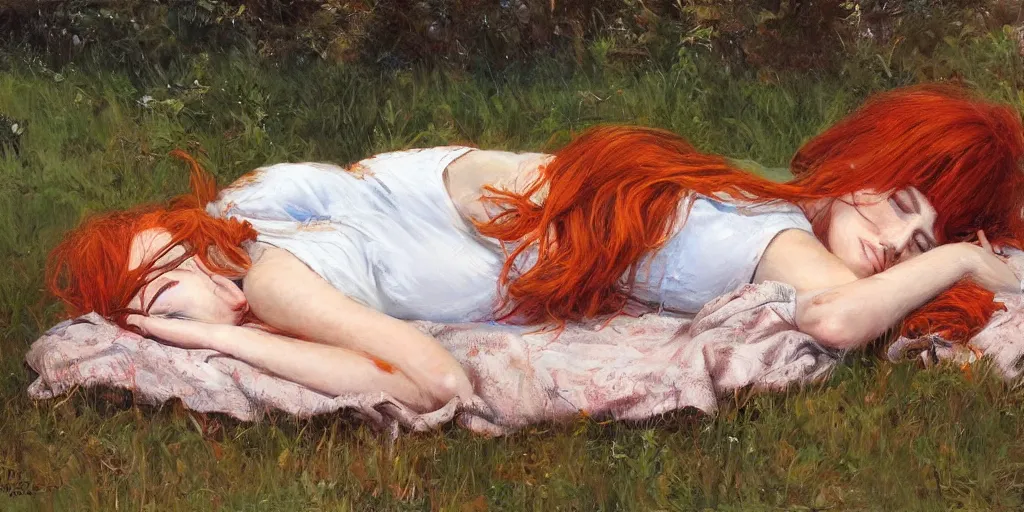 Image similar to redhead sleeping outside in summer, artstation james gurney