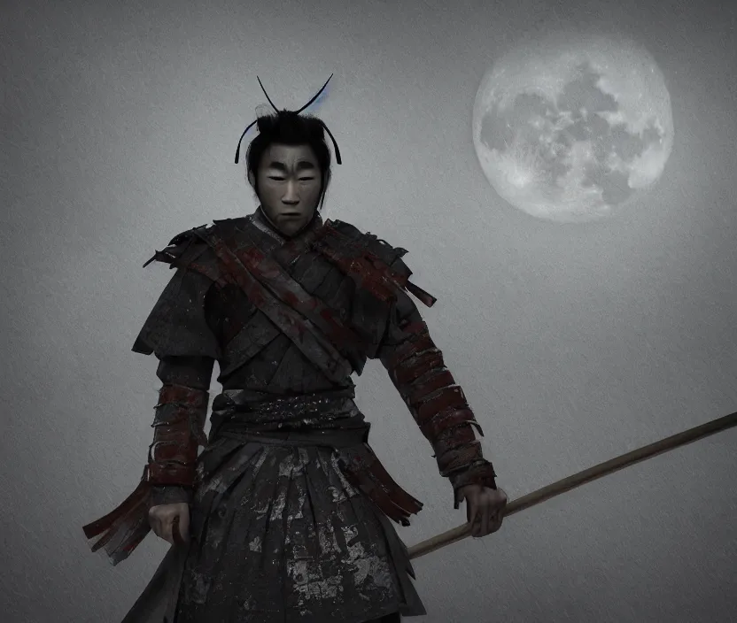 Image similar to '2d design graphic a samurai in the night ,big white moon background , gloomy and foggy atmosphere, octane render, artstation trending, horror scene, highly detailded'