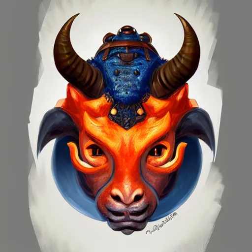 Prompt: illustrated realistic portrait female ram-horned kobold that has orange skin and blue hair with black evil devil eyes wearing leather armor by rossdraws