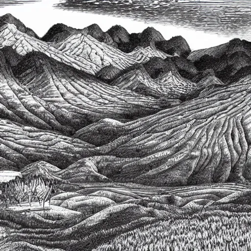 Image similar to Fields and mountains by Kentaro Miura, highly detailed, black and white