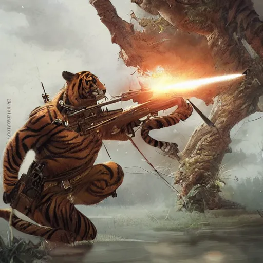 Prompt: a award winning commission of a fit anthro albino soldier tiger shooting,digitalt art,hyperdetailed,photorealistic,art by greg rutkowski,character design by charles bowater,ross tran,deviantart,artstation,high detailed,cinematic,movie scene,detailed face