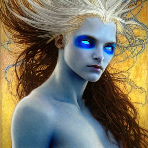 Image similar to head and shoulders portrait of a female lightning genasi with blue skin and white hair made of sirrus clouds, full white robes, medieval, fantasy, d & d, luis royo, klimt, alphonse mucha