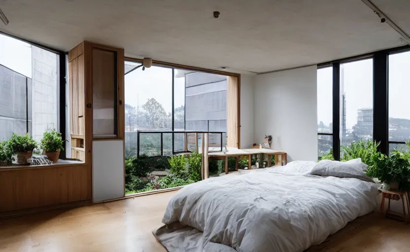 Prompt: a bright and cozy minimalist bedroom, white and pine wood, bed, cupboards, green potted plants, large window with a view of large concrete Japanese apartment blocks