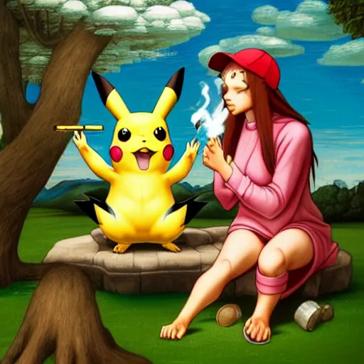 Image similar to pikachu and glumanda are sitting in a park and smoking weed. they are both high, their eyes are red. The mood is friendly and welcoming. highly detailed, digital painting, artstation, concept art, sharp focus, illustration, art by Sandro Botticelli and Michelangelo and leonardo da vinci