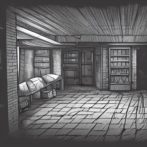 Image similar to an illustration of a basement in the style of mateusz skutnik
