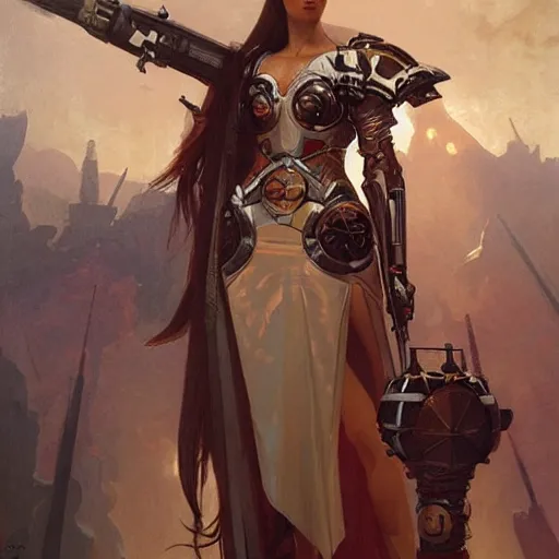 Image similar to splendid tall slavian queen warrior cyborg, mucha, ingres, greg rutkowski