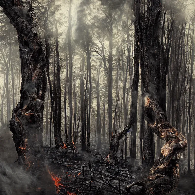 Image similar to burned forest to ashes with two men, highly detailed, smooth, sharp focus, portrait, concept art, intricate details, fantasy poster, dark athmosphere, 8 k. lifelike. nikon d 8 5 0