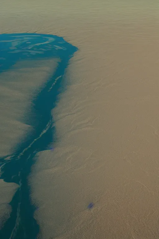 Image similar to wide angle shot of muddy river delta leading to turbulent sea by hiroshi yoshida, roger deakins, turner, rothko, full height fluid simulation in houdini, hyperrealism, swampland, matte painting, top view, trending on artstation, 8 k high detail concept art, rendered in octane