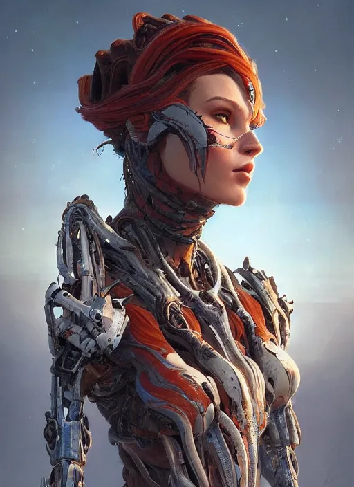 Image similar to asymmetrical!! portrait of an alien with large tubes in face in the style of, machine face, intricate, elegant, highly detailed, digital painting, artstation, concept art, smooth, sharp focus, illustration, art by artgerm and greg rutkowski and alphonse mucha, horizon zero dawn 8 k