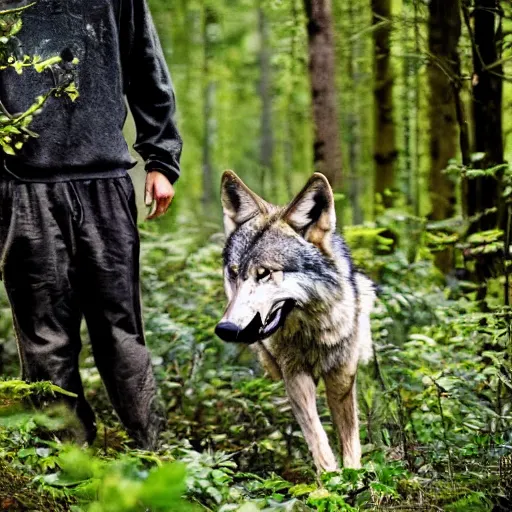 Image similar to ! werecreature consisting of a! human and wolf, photograph captured in a forest