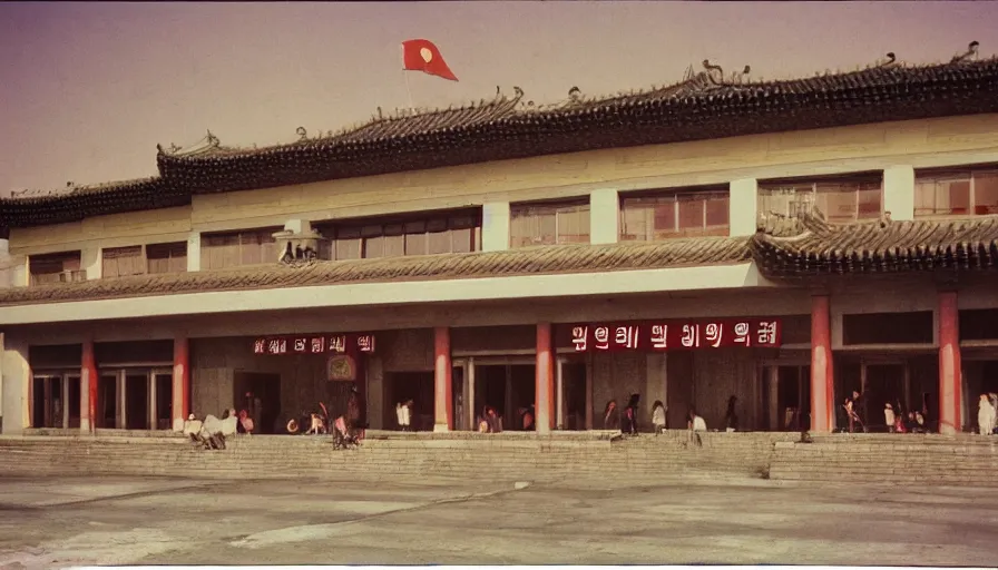 Prompt: 70s movie still of empty north-korean restaurant palace with propaganda fresco, eastmancolor, heavy grain, high quality, higly detailed