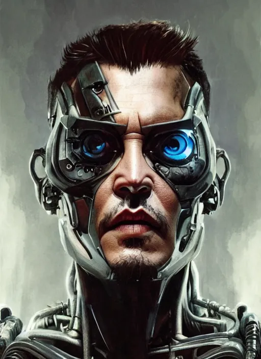 Image similar to johnny depp as victor stone, full body concept, cyborg, borg, strogg, face of a man, terminator, flesh, quake strogg, doom demon, wolfenstein, monstrous, powerful, symmetry, symmetrical, concept art by ruan jia and greg rutkowski