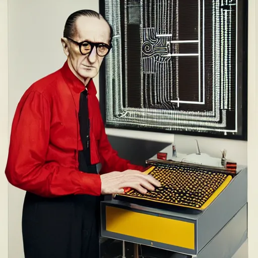 Image similar to Kodachrome portrait of Marcel Duchamp with an technologival machine, archival pigment print in the style of Hito Steyerl, studio shooting, contemporary art