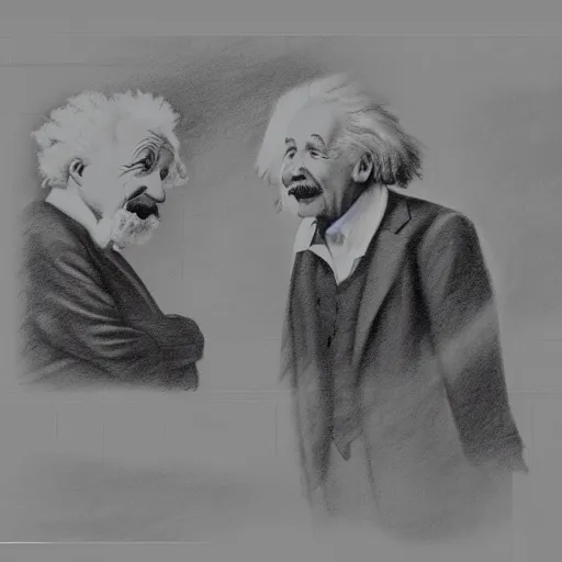 Image similar to Einstein and Newton speaks each other on a topic, pencil drawing, ultra detailed, octane render