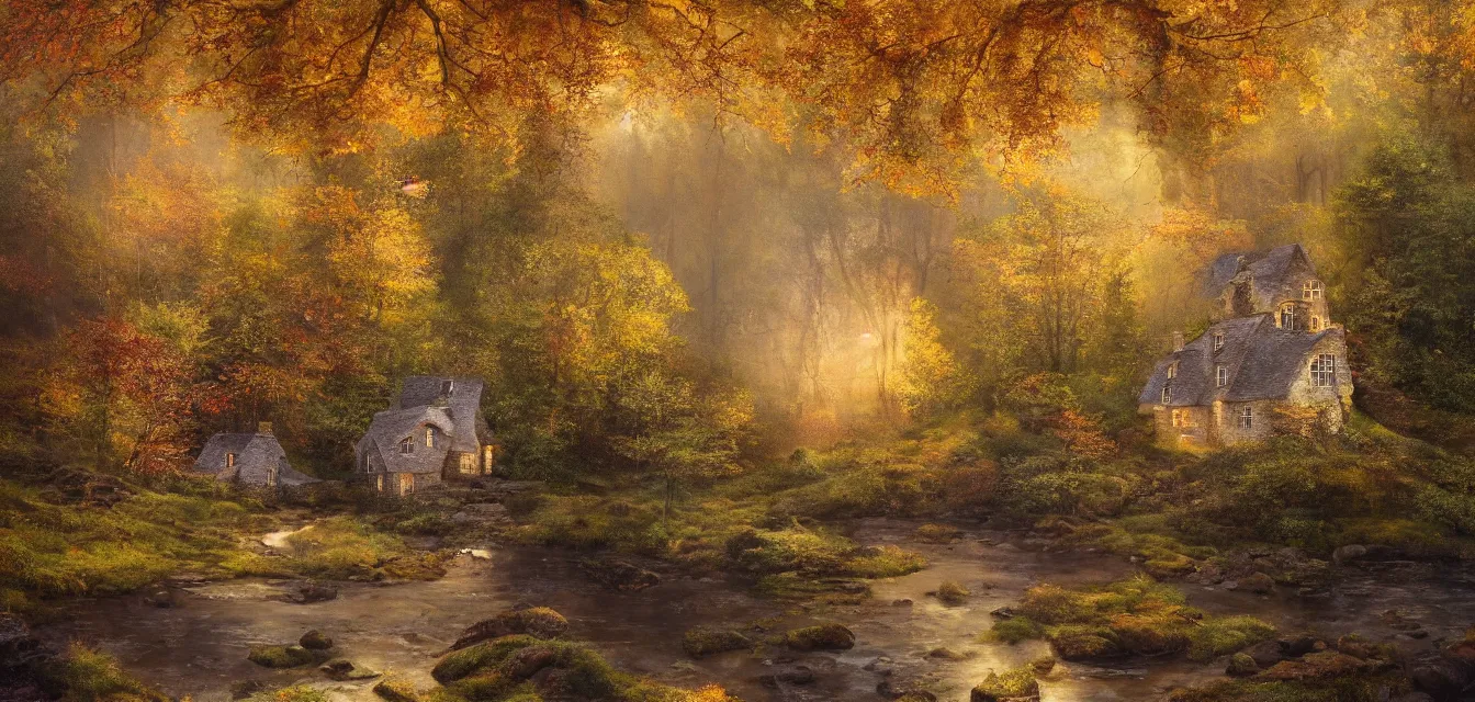 Prompt: a painting of sparse stone cottages underneath a dense tall forest, with pristine reflex from cascading ponds. gorgeous, elegant, sophisticated, an ultrafine painting, intricate brush strokes, bright depth oil colors, photography by araken alcantara. mist diffuse promiseful illumination, autumn sunrise warm light, detailed and intricate environment of hopeful bodyscapes