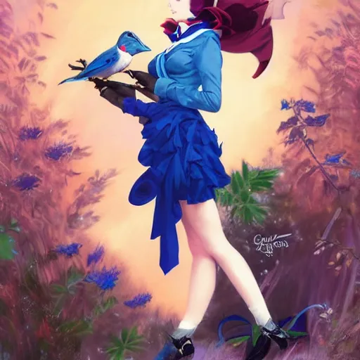 Prompt: anime pinup girl holding an indigo bunting, bird, the bird is wearing a bowtie, by greg rutkowski, rossdraws, gil elvgren, enoch bolles, anime, porcelain skin, very coherent