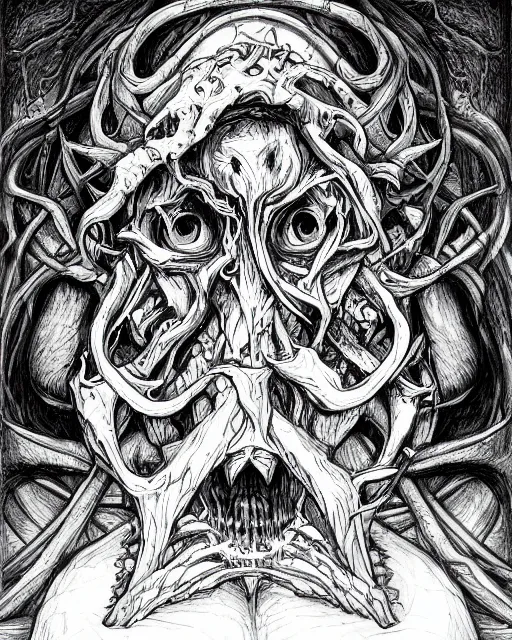 Image similar to h. p. lovecraft, pencil drawing, line art, black and white, fantasy art, monster art, illustration, fantasy, intricate, hyper detailed, artstation, concept art, smooth, sharp focus, ray tracing