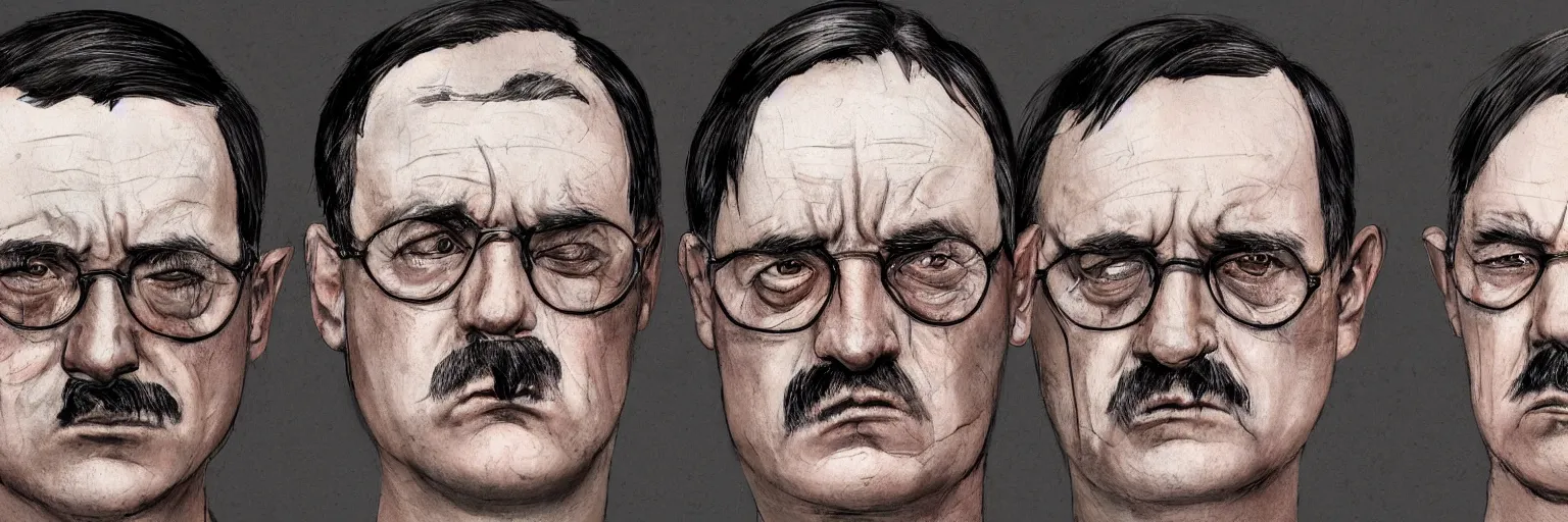 Prompt: colored character face study of tired mike patton and adolf hitler, clear, evil, glasses, calm sleeping, eyes closing, character sheet, fine details, concept design, contrast, kim jung gi, da vinci and francis bacon, trending on artstation, 8 k, 3 6 0 head, turnaround, front view, back view, ultra wide angle