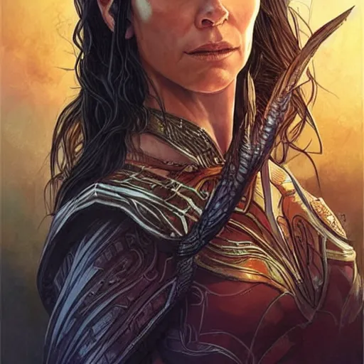 Image similar to evangeline Lilly as a priestess calling down thunder, symmetrical, smooth, sharp focus, art by magali villeneuve and art germ, concept art, very high quality, detailed face