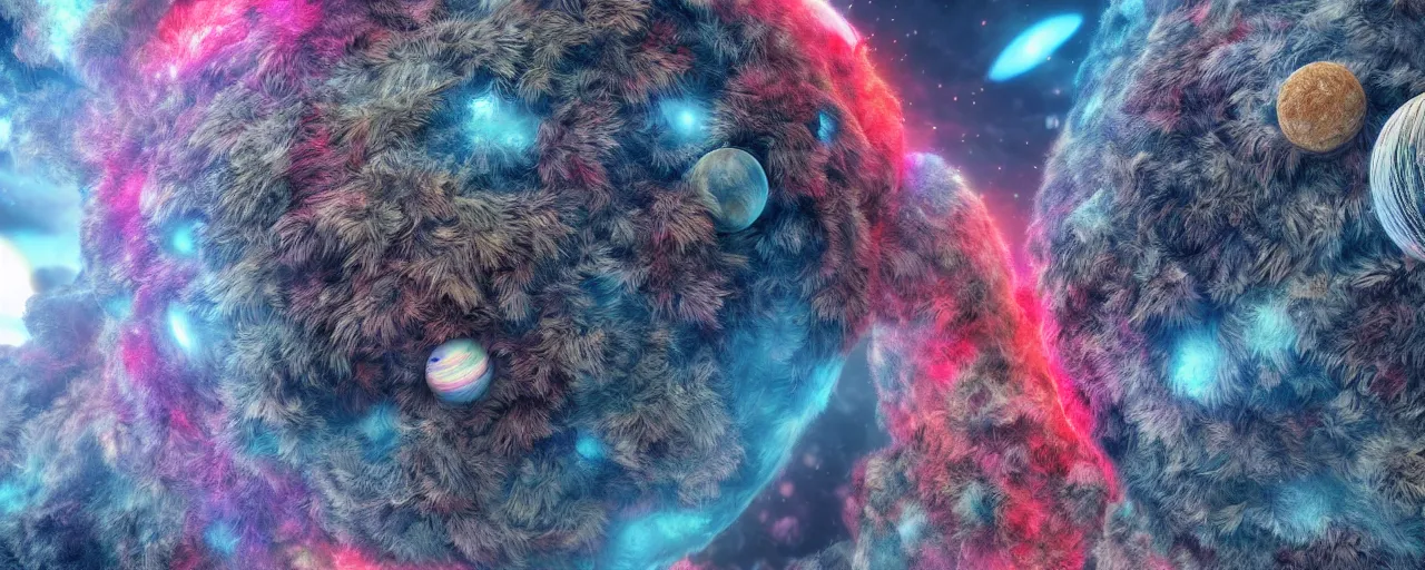 Prompt: ” outer planet made of fur, [ colourful, cinematic, detailed, epic, widescreen, opening, establishing, mattepainting, photorealistic, realistic textures, octane render ] ”