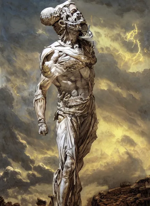 Prompt: ancient biblical statue of a diabolical marble cyborg, wearing torn white cape, dynamic pose, thunder, glowing eyes, post apocalyptic ancient ruins, glowing veins subsurface scattering, in clouds, sunset, portrait, by gerald brom, by mikhail vrubel, by peter elson, muted colors, extreme detail, trending on artstation, 8 k