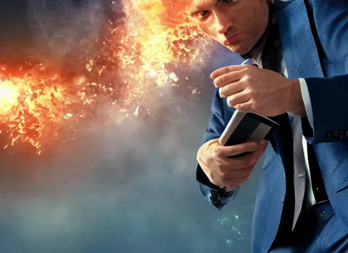 Prompt: epic cinematic artwork close up of a man in his 20s with brown hair, wearing a blue business suit and holding a briefcase, looking on confidently with explosions behind him, 4k, masterpiece