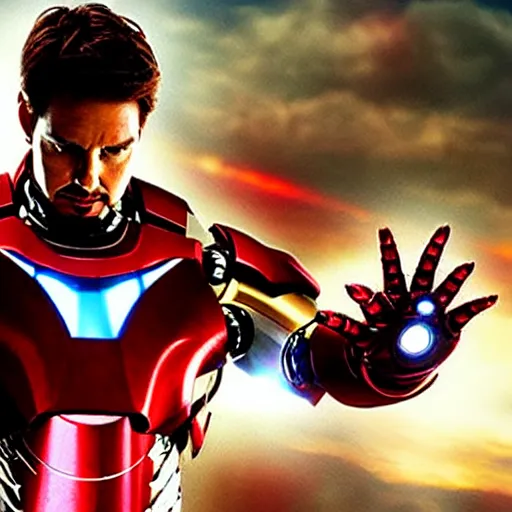 Image similar to promotional image of Tom Cruise as Iron Man in Iron Man（2008）, he wears Iron Man armor without his face, movie still frame, promotional image, imax 70 mm footage