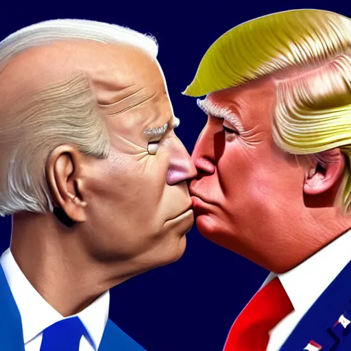 Image similar to joe biden and donald trump kissing, 2 0 2 4 presidential debate, photorealistic rendering. artstation, 4 k, hyperrealism