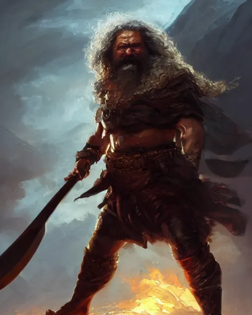 Image similar to oil painting of Angry Karl Marx as barbarian warrior sharp focus, holding Axe, heroic pose, fantasy style, octane render, volumetric lighting, 8k high definition, by greg rutkowski, highly detailed, trending on art Station, magic the gathering artwork, Battlefield backround, centered