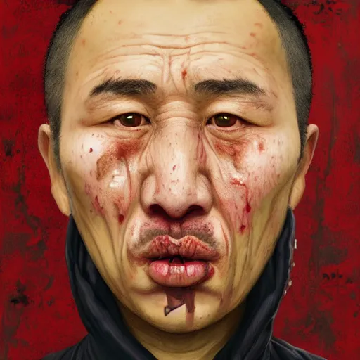 Prompt: face portrait of chinese uyghur muslim prisoner and melting wax, wearing victorian rags, elite, disfigured, drooling, moist, unnatural movement, they are unhappy, bizzaro, baroque, renaissance, by emedios varo and anato finnstark and fenghua zhong, hyperrealism, 8 k, 3 d, masterpiece, texture