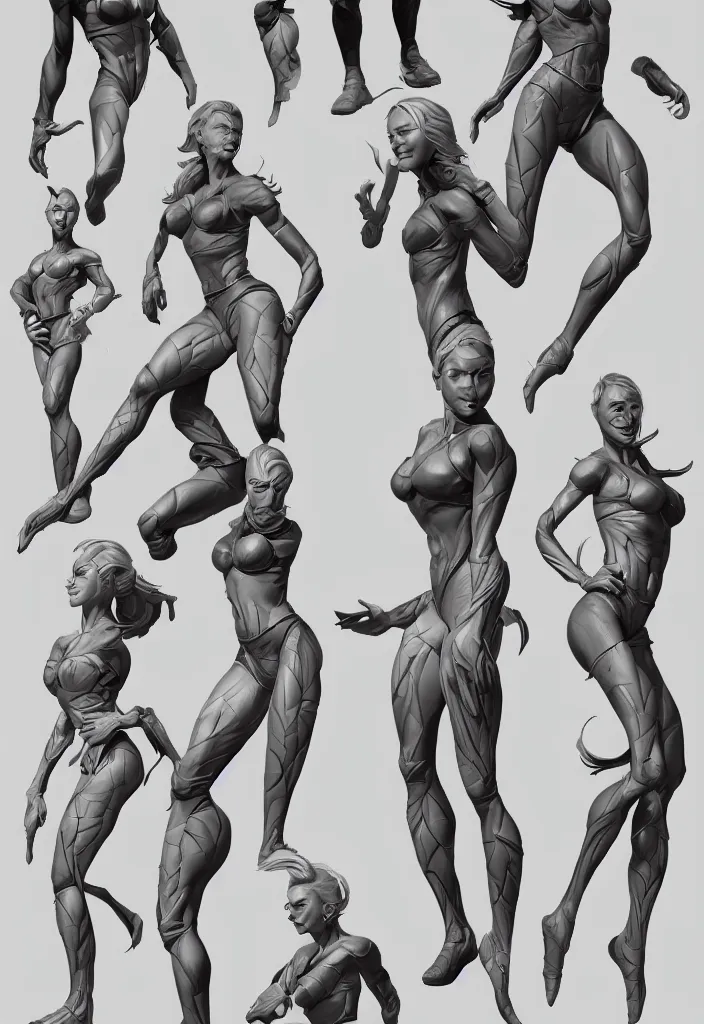 Image similar to amazing stylized random sketches of a young and strong girl by Alex Ross, concept art, full body with dynamic pose and correct anatomy, digital art, octane render trending on artstation, 4k, 8k, HD