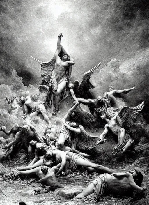 Prompt: fallen angels, epic scene, photorealistic, highly detailed, texture, soft light, dramatic, moody, ambient, painting by gustave dore