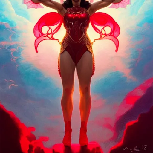 Prompt: leni robredo as darna, volumetric lights, red and cyan theme, art nouveau botanicals, intricate, highly detailed, digital painting, artstation, concept art, smooth, sharp focus, cinematic, illustration, beautiful face, art by artgerm and greg rutkowski and alphonse mucha