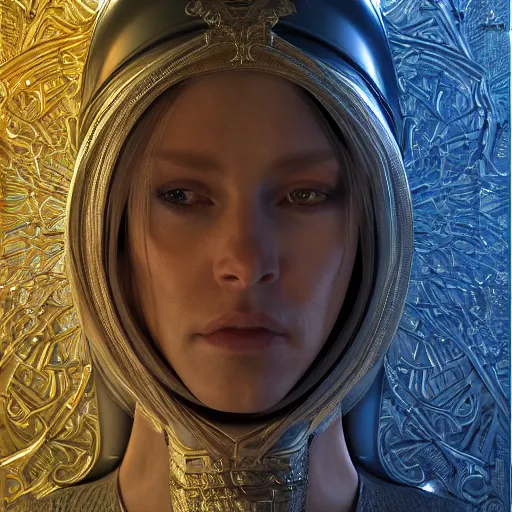 Image similar to sci - fi portrait of bene gesserit order sister by jean delville and rafael santi, baroque, intricate, hyperealistic, photoreal, 8 k resolution, highly detailed, proffesional illustration, high contrast, ambient occlusion, octane render, unreal engine 5