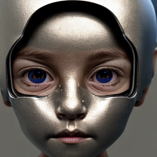 Prompt: cyborg kid face made of metal and optical features stand infront of normal human kid without modifications. photorealistic, hyperrealistic, cinematic, artstation, octane render, unreal, 8 k