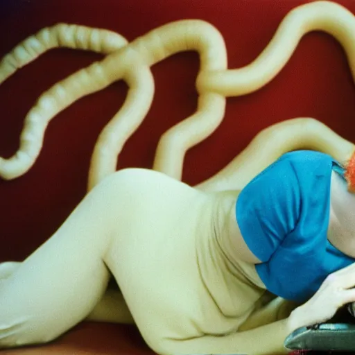 Image similar to A depressed woman and an inflatable intestine, John Waters film still, color 1970