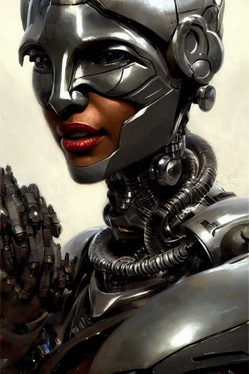 Image similar to extreme close up, facial portrait, half - cyborg woman with a long black ponytail in gunmetal grey sci - fi armor, wearing an african mask, mechanical armor, cybernetic hands, striking pose, portrait dnd, painting by gaston bussiere, craig mullins, greg rutkowski, yoji shinkawa