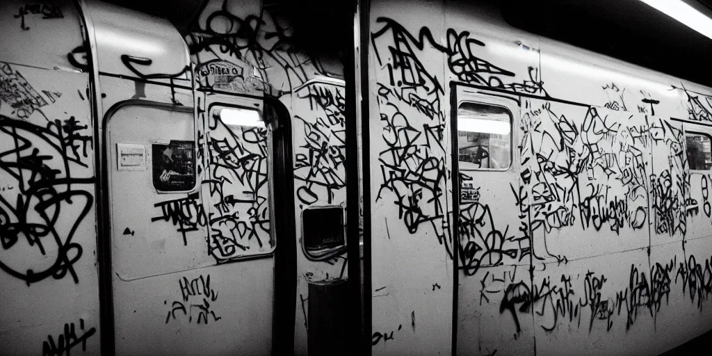 Image similar to subway cabin inside all in graffiti, man in carhartt jacket closeup writing graffiti, night, film photography, exposed b & w photography, christopher morris photography, bruce davidson photography
