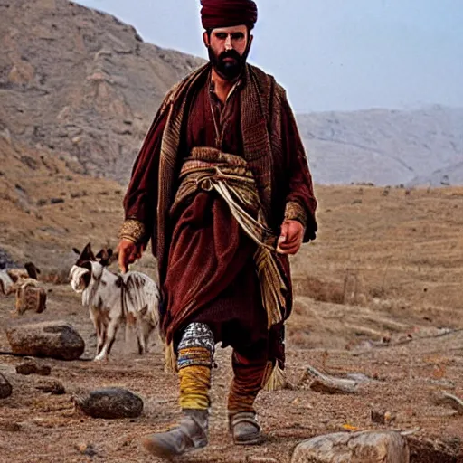 Image similar to Kurdish shepherd wearing Kurdish clothes in a movie directed by Christopher Nolan, movie still frame, promotional image, imax 70 mm footage